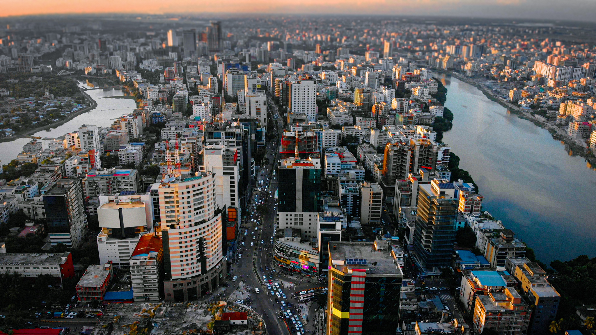 Aerial,Drone,View,Of,Dhaka,During,Sunset.